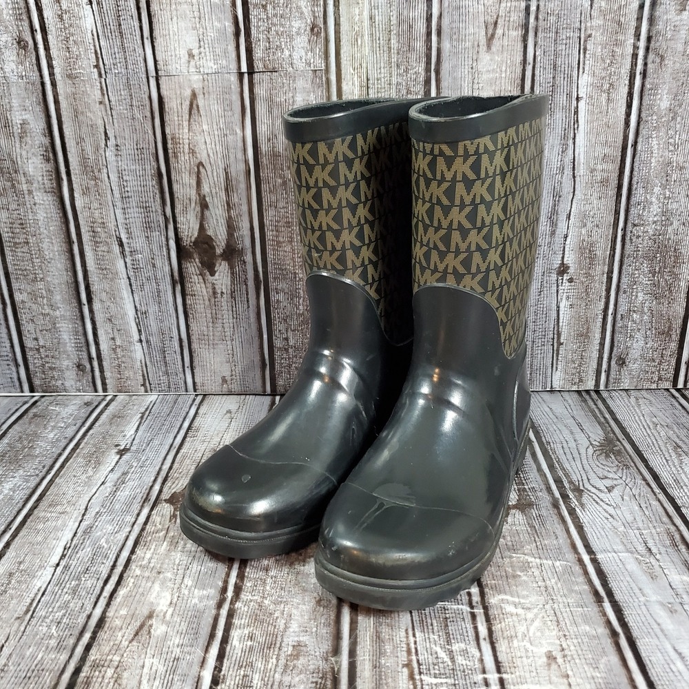 Michael Kors Girls Daisy Joe Logo Rubber Mid Calf Rain Boots Black Gold Size 3